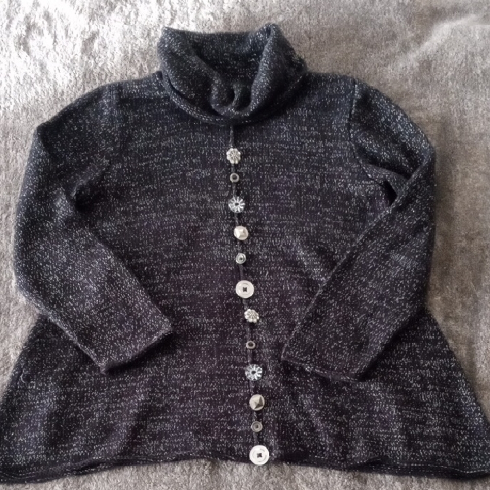 Pure Handknit unsized (S/M?) cowl neck flared hem sweater with metallic threads